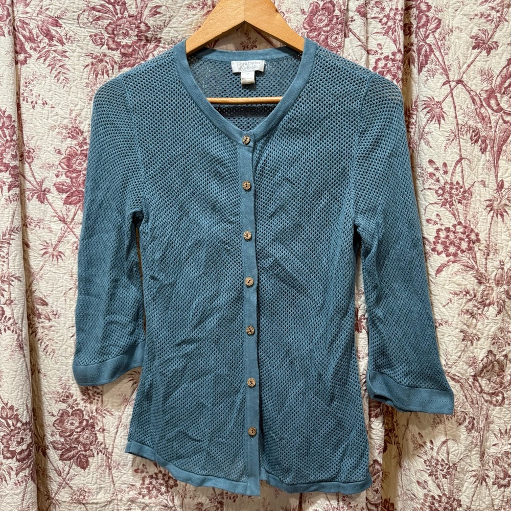 Christopher & Banks Blue Mesh Knit Button Front Cardigan Size M